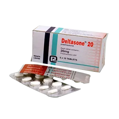 A box of Deltasone 20mg tablets and a partially used blister pack of white prednisolone pills manufactured by Renata Limited.