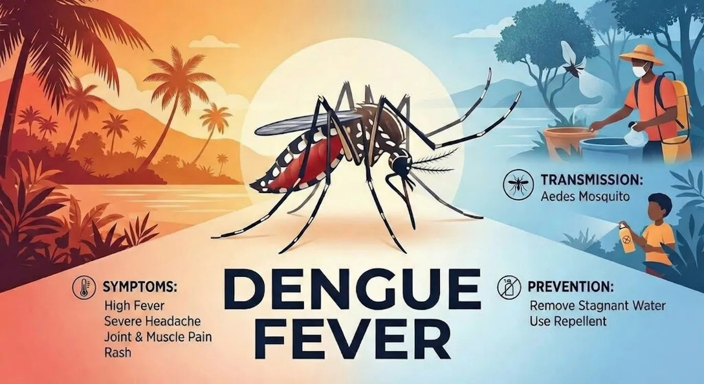Illustrated infographic about dengue fever showing Aedes mosquito, tropical background, symptoms list (high fever, severe headache, joint & muscle pain, rash), transmission by Aedes mosquito, and prevention tips like removing stagnant water and using repellent.