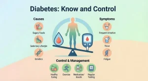 Infographic titled "Diabetes: Know and Control" showing a central balance scale with causes (sugary foods, sedentary lifestyle, genetics) on one side and symptoms (frequent urination, thirst, fatigue) on the other, featuring a human silhouette, blood drop, and glucose meter; bottom section lists management tips: healthy eating, exercise, medication/insulin, and regular testing.