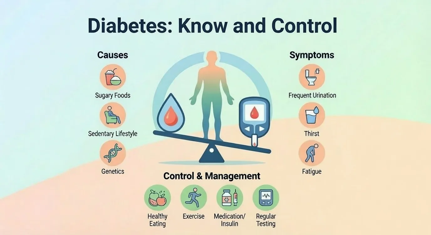 Infographic titled "Diabetes: Know and Control" showing a central balance scale with causes (sugary foods, sedentary lifestyle, genetics) on one side and symptoms (frequent urination, thirst, fatigue) on the other, featuring a human silhouette, blood drop, and glucose meter; bottom section lists management tips: healthy eating, exercise, medication/insulin, and regular testing.