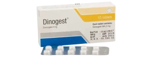সাদা ও হলুদ রঙের ডিনোজেস্ট ২ মিলিগ্রাম(Dinogest 2mg) ওষুধের একটি বক্স এবং তার সামনে ১০টি সাদা ট্যাবলেটের একটি পাতা বা ব্লিস্টার প্যাক।