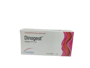 A white rectangular box of Dinogest 2mg tablets by Nuvista, featuring pink and red wave designs on the right side and clear black text.