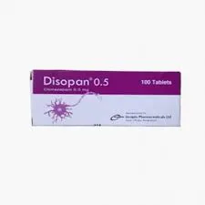 একটি ডিসোপ্যান ০.৫ (Disopan 0.5 mg) মিলিগ্রাম ক্লোনাজেপাম ওষুধের বক্সের ছবি। বক্সটির উপরের অংশ বেগুনি এবং নিচের অংশ সাদা রঙের, যেখানে ১০০টি ট্যাবলেট থাকার কথা উল্লেখ আছে এবং অ্যারিস্টোফার্মা লিমিটেডের লোগো দেওয়া আছে।