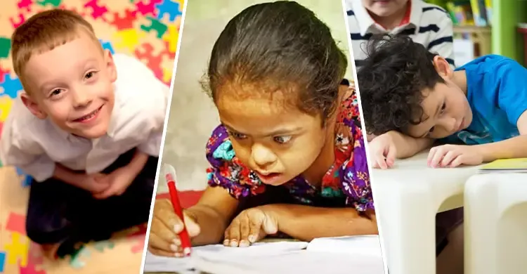 তিনটি ভিন্ন প্যানেলে বিভক্ত একটি ছবি। বাম পাশে একটি হাসিখুশি ছেলে রঙিন পাজল ম্যাটের ওপর বসে আছে, মাঝখানে একটি মেয়ে অত্যন্ত মনোযোগ দিয়ে খাতায় লিখছে এবং ডান পাশে একটি ছেলে বিষণ্ণ বা ক্লান্ত মনে ডেস্কে মাথা নিচু করে বসে আছে।