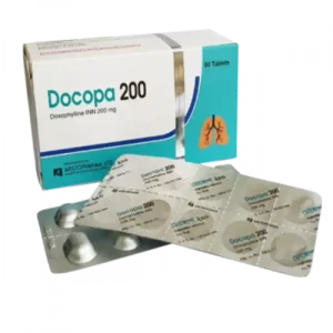 A white and teal box of Docopa 200 medication featuring a lung illustration, displayed alongside two silver blister packs containing Doxophylline 200 mg tablets.