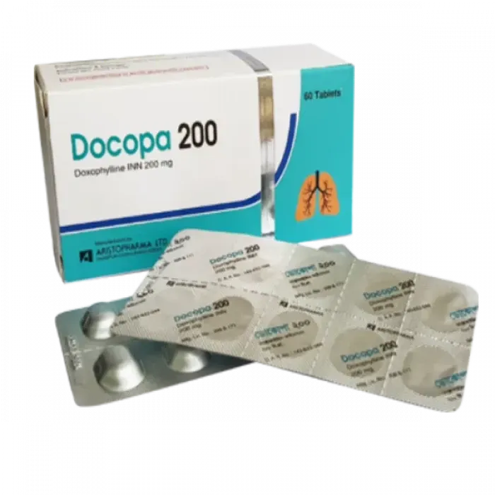 A white and teal box of Docopa 200 medication featuring a lung illustration, displayed alongside two silver blister packs containing Doxophylline 200 mg tablets.