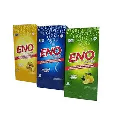 Three boxes of ENO Fruit Salt standing side-by-side in Ginger (yellow), Regular (blue), and Lemon (green) flavors.