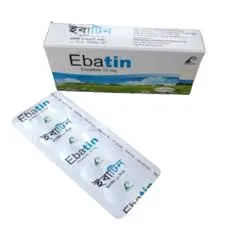 একটি সাদা রঙের ইবাটিন (Ebatin 10 mg) ওষুধের বক্স এবং তার পাশে একটি রূপালী ব্লিস্টার প্যাক, যেটিতে ইংরেজি ও বাংলায় ওষুধের নাম লেখা আছে।
