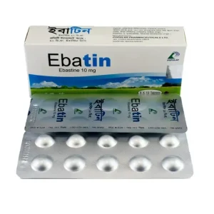 A white box and silver blister pack of Ebatin (Ebastine 10 mg) antihistamine tablets, featuring a blue and green landscape design, manufactured by Popular Pharmaceuticals Ltd.