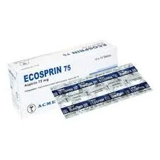 A white box and a silver foil blister strip of Ecosprin 75 (Aspirin 75 mg) tablets by ACME Laboratories.