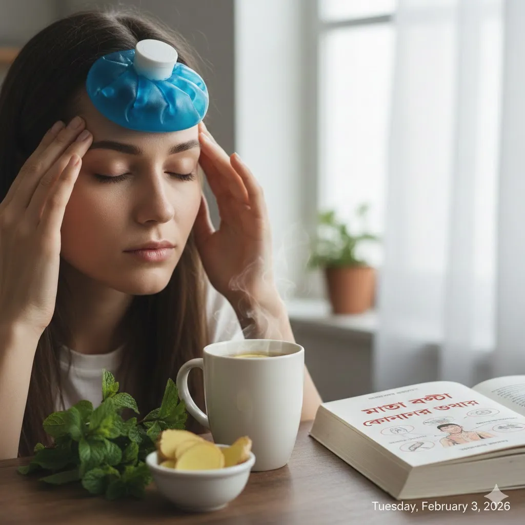 মাথা ব্যথা কমানোর প্রাকৃতিক উপায় হিসেবে একজন নারী কপালে আইস প্যাক ধরে আছেন এবং পাশে আদা ও পুদিনা চা রাখা আছে।