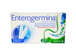সানোফি কোম্পানির এন্টারোজারমিনা (Enterogermina) ২ বিলিয়ন প্রোবায়োটিক ওরাল সাসপেনশনের একটি সাদা ও নীল রঙের বাক্স। প্যাকেজিংয়ে দুটি ওষুধের ভায়ালের ছবি এবং সবুজ-নীল ঢেউখেলানো নকশা দেখা যাচ্ছে। বাক্সের গায়ে স্পষ্টভাবে "ইনজেকশন দেবেন না" এবং "খাওয়ার জন্য" নির্দেশিকা লেখা রয়েছে।
