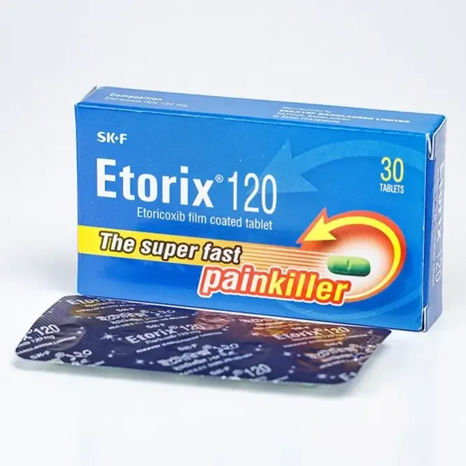 A blue and yellow box of Etorix 120 mg tablets shown alongside a foil blister pack