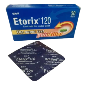 এটোরিক্স ১২০ মিলিগ্রাম(Etorix 120mg) ব্যথানাশক ওষুধের বক্স এবং একটি স্ট্রিপের ছবি।
