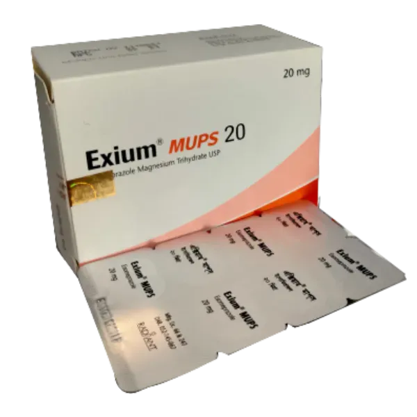 A white and orange box of Exium MUPS 20 mg (Esomeprazole) tablets next to its silver blister pack strip.