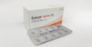 রেডিয়ান্ট ফার্মাসিউটিক্যালসের এক্সিয়াম মাপস ২০(Exium MUPS 20) এসোমিপ্রাজল ট্যাবলেটের বক্স এবং একটি রূপালী ব্লিস্টার প্যাক।