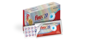 A box and blister pack of Finix 20, containing 20mg Rabeprazole Sodium tablets for acid reflux treatment.