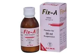 A brown glass bottle and a pink-and-white box of Fix-A Cefixime 100mg/5ml powder for oral suspension.