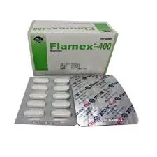 A white and green box of Flamex-400 (Ibuprofen) by ACI, shown with two silver blister packs of white, oval-shaped pills.