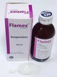 A white and purple box of Flamex Ibuprofen Suspension standing next to its dark glass bottle and a small white plastic measuring cup