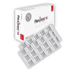A white box labeled "Flexibac 10" positioned behind two silver blister packs of tablets.