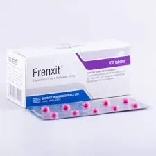 A white box of Frenxit tablets shown next to a silver blister pack containing small pink round pills.