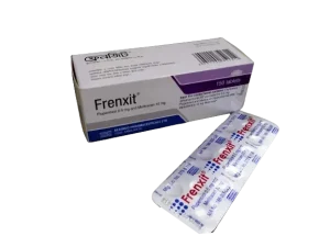 A pharmaceutical box and a silver blister strip of Frenxit medication containing Flupentixol and Melitracen.