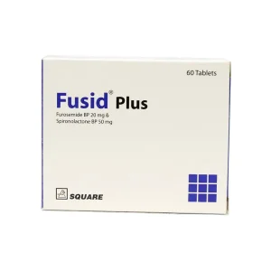 A white rectangular packaging box for Fusid Plus medicine, indicating it contains 60 tablets of Furosemide BP 20 mg and Spironolactone BP 50 mg, manufactured by Square Pharmaceuticals.