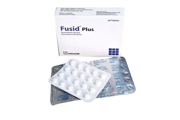 A white box of Fusid Plus medication by Square Pharmaceuticals, containing Furosemide BP 20 mg and Spironolactone BP 50 mg, displayed next to two foil blister packs of round white pills on a white background.