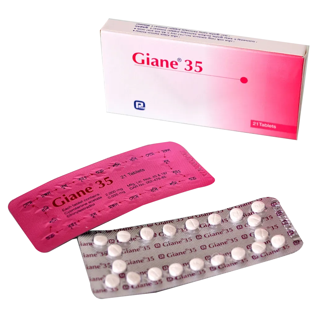 A pink and white box of Giane 35 medication next to two 21-tablet blister packs, showing the front and back packaging.