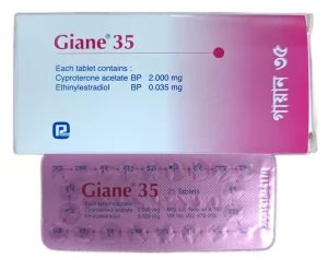 A high-angle shot showing a white and pink box of Giane 35 tablets alongside its pink 21-tablet blister pack. The packaging displays active ingredients Cyproterone acetate and Ethinylestradiol, while the blister pack includes Bengali labels for the days of the week to track dosage.