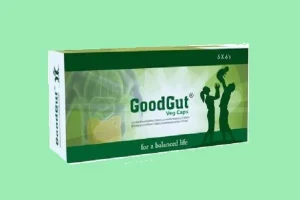 গুডগাট (GoodGut)ভেজ ক্যাপস ডায়েটারি সাপ্লিমেন্ট বক্সের একটি ছবি যেখানে পরিবারের সিলুয়েট এবং মানবদেহের পরিপাকতন্ত্রের চিত্র রয়েছে।