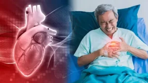 একটি মানুষের হৃদযন্ত্রের চিত্র এবং হাসপাতালে চিকিৎসাধীন একজন বয়স্ক ব্যক্তি বুকে তীব্র ব্যথা অনুভব করছেন।