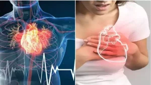 ছবিতে বাম দিকে মানুষের হৃদযন্ত্রের অভ্যন্তরীণ গঠন এবং ডান দিকে একজন মহিলার বুকে ব্যথার দৃশ্য দেখানো হয়েছে।