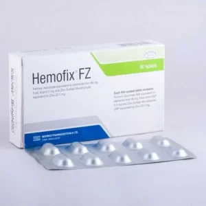 A white and green box of Hemofix FZ tablets by Beximco Pharmaceuticals, shown alongside two blister packs containing iron, folic acid, and zinc supplements.