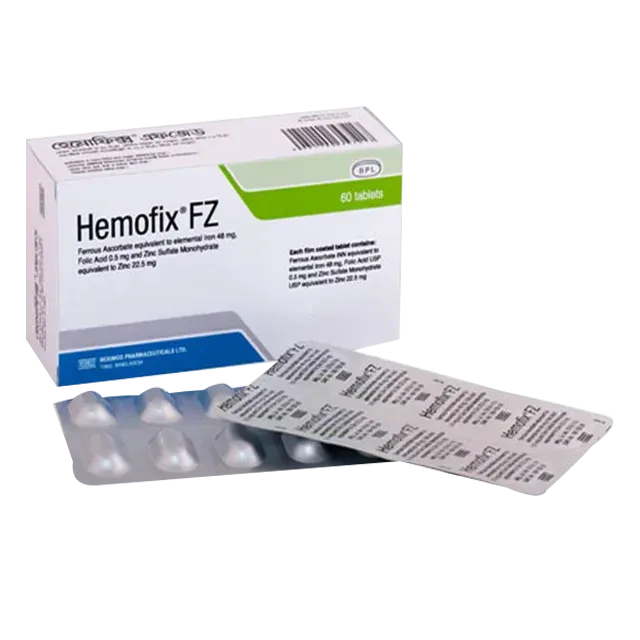 A white and green box of Hemofix FZ tablets by Beximco Pharmaceuticals, shown alongside two blister packs containing iron, folic acid, and zinc supplements.