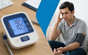 Man sitting on a couch looking worried and holding his head while measuring blood pressure with a digital monitor showing a high reading of 185/105 mmHg; image split with a blue diagonal overlay and medical device in foreground.