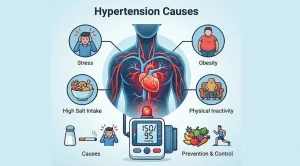 Infographic on hypertension (high blood pressure) causes showing a human torso with heart and blood vessels at the center, connected to icons for stress, obesity, high salt intake, physical inactivity; bottom shows a blood pressure monitor reading 150/95 mmHg, with causes listed on left (including smoking) and prevention/control on right (healthy foods, exercise).
