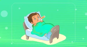 একটি শিশু মুখে থার্মোমিটার নিয়ে বিছানায় শুয়ে আছে।