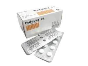 A white and orange box of Indever 40 medication alongside a silver blister pack containing white tablets.