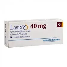 A white box of Lasix 40 mg furosemide oral tablets, containing 20 tablets, manufactured by sanofi aventis.