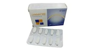 সাদা পটভূমিতে রাখা একটি লিভোক্সিন ৫০০ (Levoxin 500 mg) মিলিগ্রাম ওষুধের বক্স এবং ১০টি ট্যাবলেটের একটি পাতা।