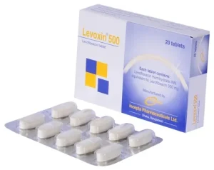 A white and blue box of Levoxin 500 tablets sitting next to a silver blister pack containing ten white, oblong-shaped pills. The box displays the brand name, the generic name "Levofloxacin," and the manufacturer, Incepta Pharmaceuticals Ltd.