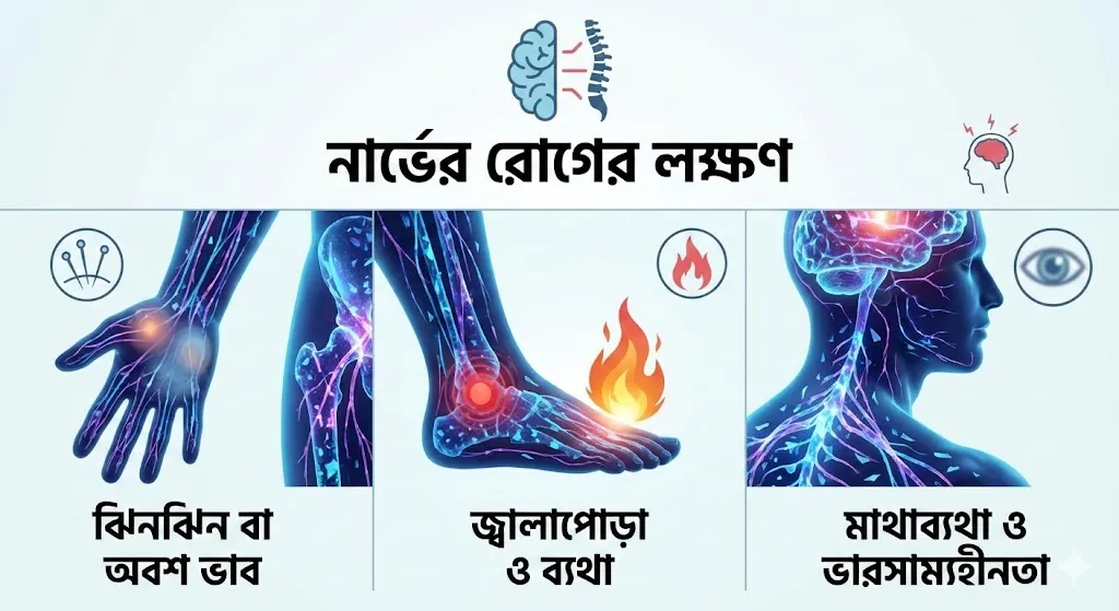A medical infographic illustrating common symptoms of nerve damage. It shows glowing nerve pathways in the hand (representing tingling/numbness), the foot (representing burning pain), and the head/neck area (representing headaches and balance issues) with descriptive Bengali labels.