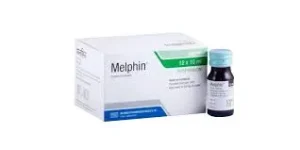 মেলফিন (Melphin) পাইর্যান্টেল প্যামোয়েট ওরাল সাসপেনশনের একটি সাদা বাক্স এবং ওষুধের বোতল।