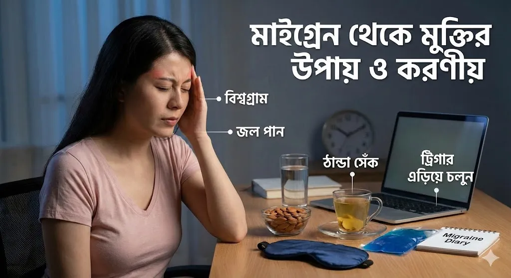 মাইগ্রেন থেকে মুক্তির উপায় ও করণীয় সম্পর্কিত ইনফোগ্রাফিক ছবি, যেখানে একজন ব্যথাতুর নারী এবং টেবিলে বিশ্রাম, জল পান, ঠান্ডা সেঁক ও ট্রিগার এড়ানোর বিভিন্ন ঘরোয়া প্রতিকারের সামগ্রী সাজানো আছে।