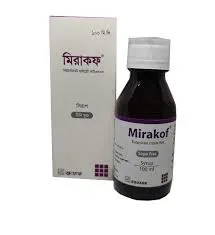 A white cardboard box and a dark glass bottle of Mirakof sugar-free cough syrup (100ml) with labels in English and Bengali.