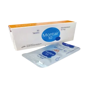 A white box and silver blister pack of Montair 10 mg Montelukast tablets manufactured by Incepta Pharmaceuticals Ltd.