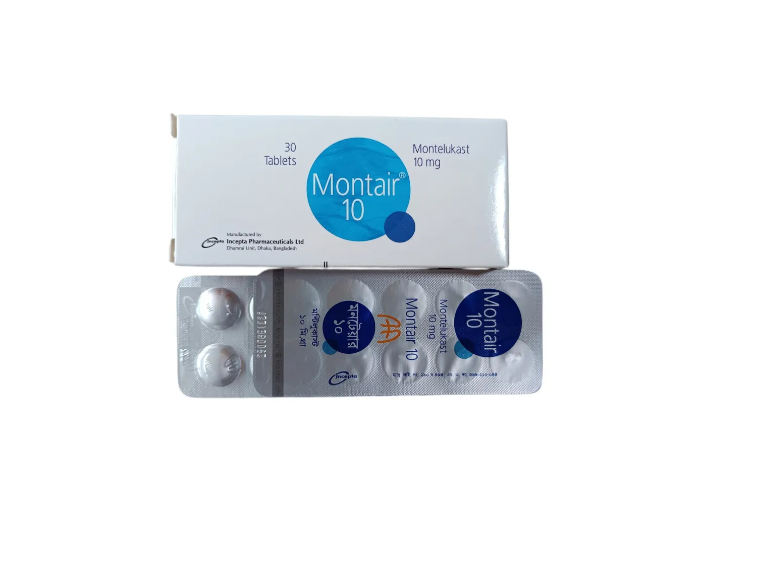 A white box and silver blister strip of Montair 10 mg Montelukast sodium tablets manufactured by Incepta Pharmaceuticals.