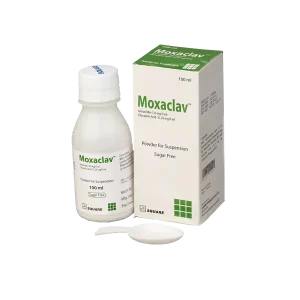 A 100ml bottle and packaging box of Moxaclav powder for suspension, displayed alongside a white plastic measuring spoon.